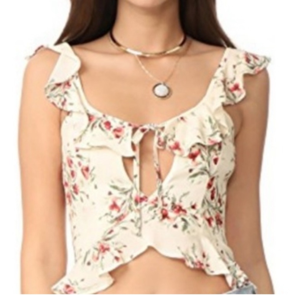 Flynn Skye Botanical Floral Ruffle Mimi Cut Out Blouse in Cream